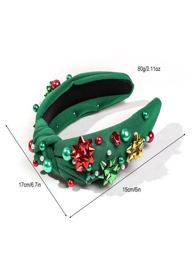 Jicsetk Headband & Hairband for Women, Pearl Rhinestone Crystal Flower Embellished - Wide Knotted Top Knot Hair Accessory for Holiday Outfits & Gifts(Green) - Image 3
